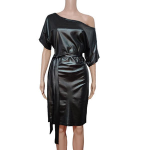 Woman stretch faux leather dress